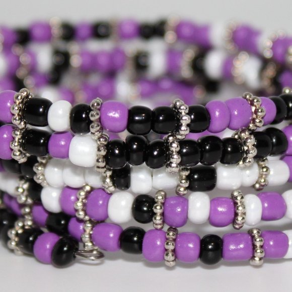 Purple Black White & Silver Memory/Wrap Bracelet - Picture 1 of 3